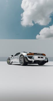Rear view of a modern silver sports car against a bright blue sky with clouds.