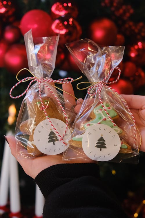 Close-up of Gingerbread Cookies in Packages with Christmas Ornaments 