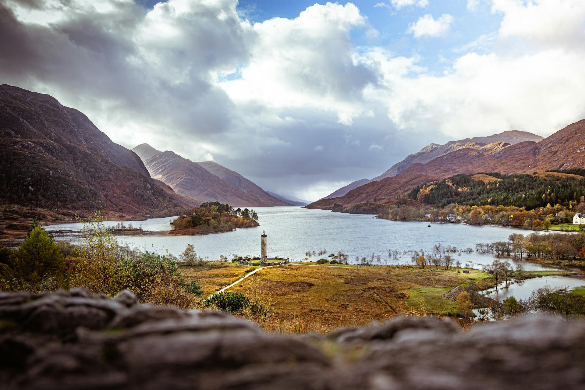 Glenfinnan Monument by the Loch Shiel in Scotland