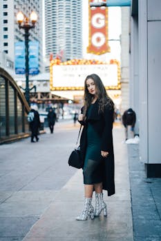 Stylish woman in urban outfit posing on city street with iconic sign in the background.