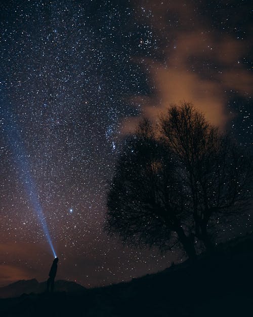 A Person Standing with a Flashlight under a Starry Night Sky 