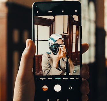 A photographer takes a self-portrait using a DSLR, framed through a smartphone screen.