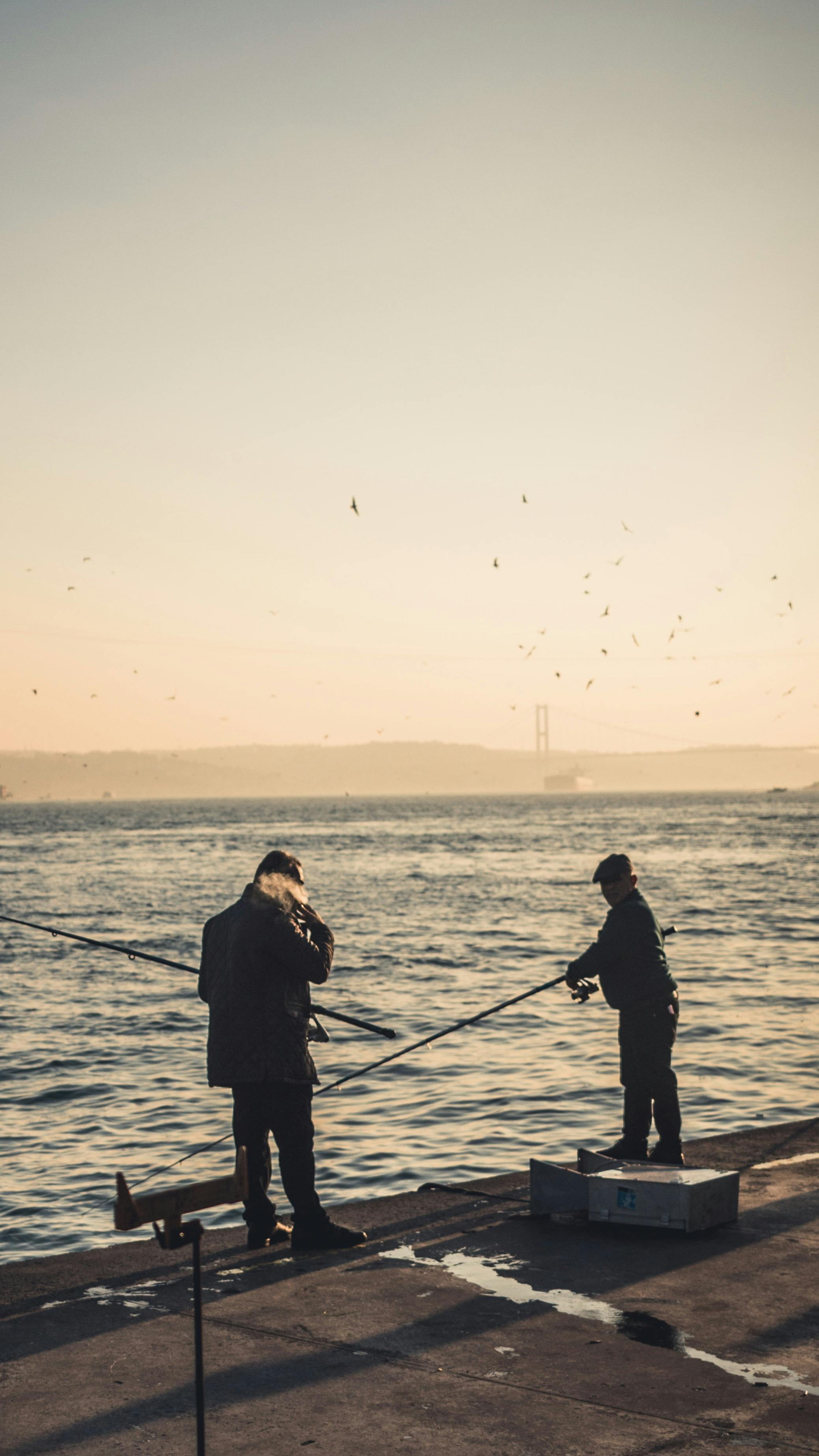 Fisherman Fishing From Pier Man With Fishing Rod In Red Cap Windless  Weather Calm Copy Space Rich Catch Fish Place Stock Photo - Download Image  Now - iStock