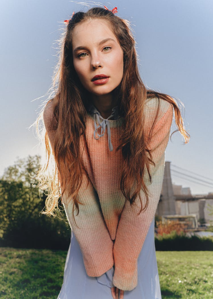 Woman Wearing Pastel Colour Clothing, Posing Outdoors