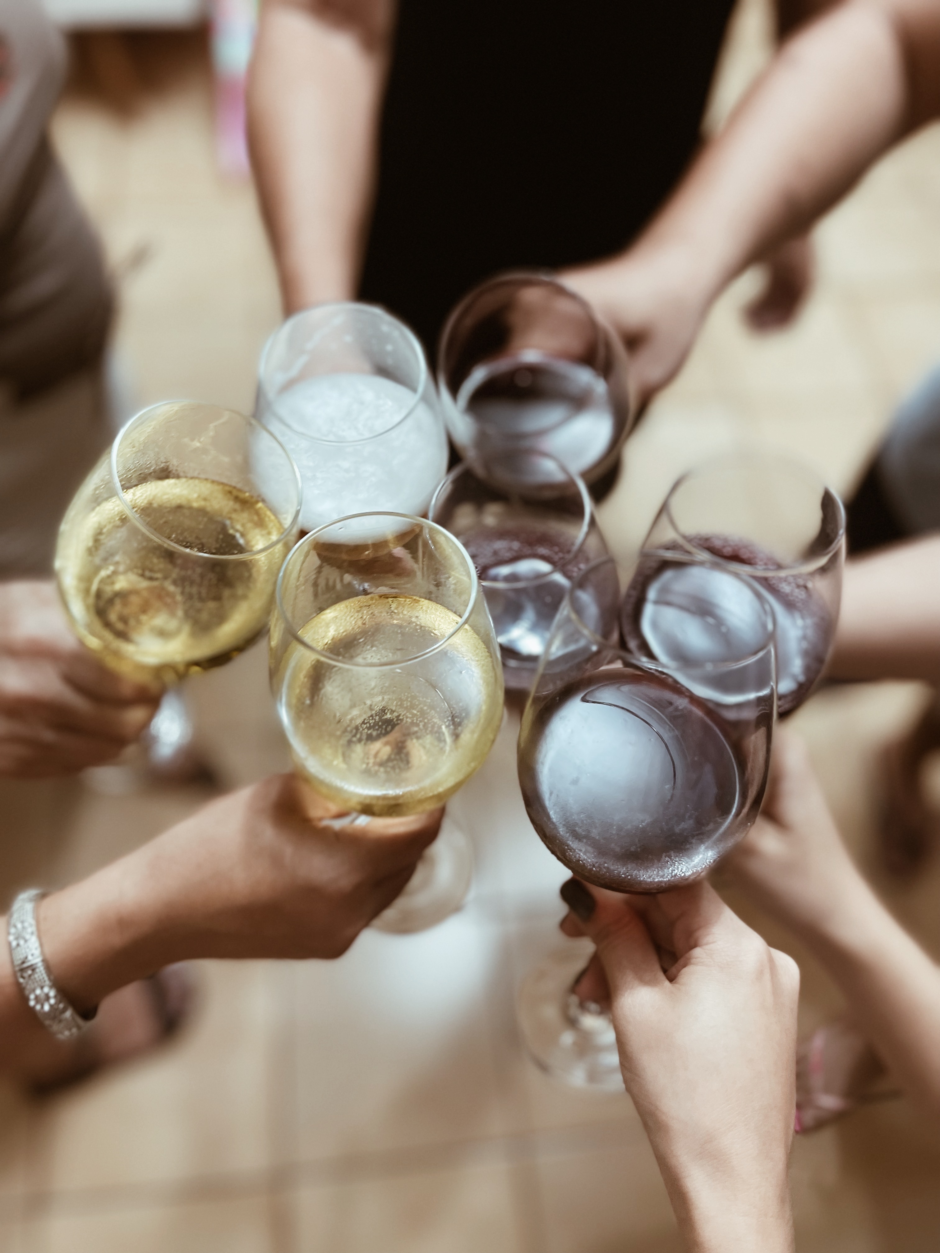 Group of people toasting with various wines in a festive celebration.