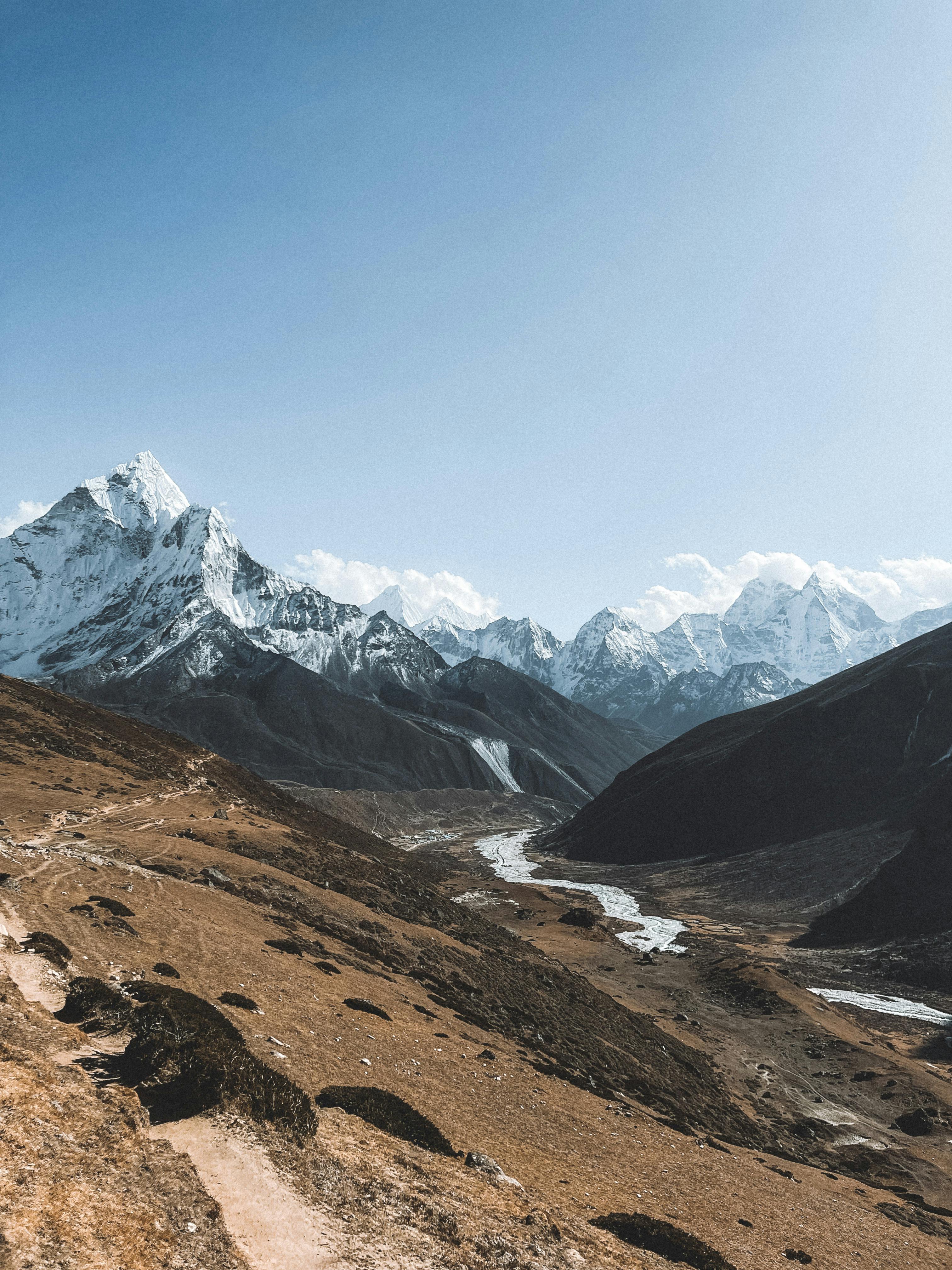 Breathtaking view of snowcapped Himalayan mountains under a clear blue sky.