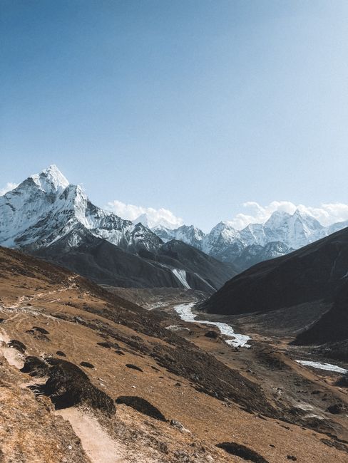 Breathtaking view of snowcapped Himalayan mountains under a clear blue sky.