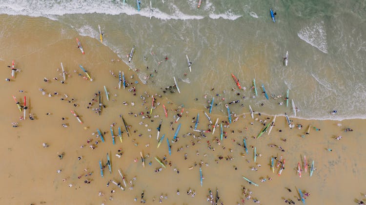 Aerial View Of Tourists With Surfboards On The Beach