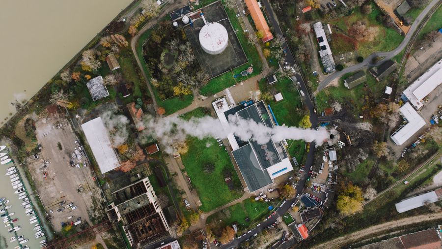 Aerial view of factory rooftops forming a geometric pattern