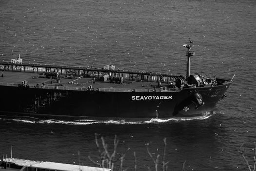 Seavoyager Tanker Ship on the Sea in Black and White