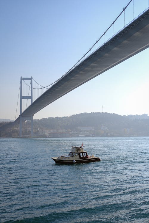 A boat is traveling under a bridge