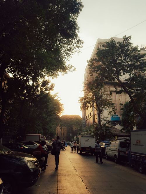 Free Atmospheric city street at sunset with people walking and parked cars under leafy trees. Stock Photo