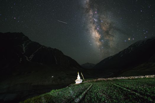 Beautiful Milky Way view over a stupa in Kaza, Himachal Pradesh, India.