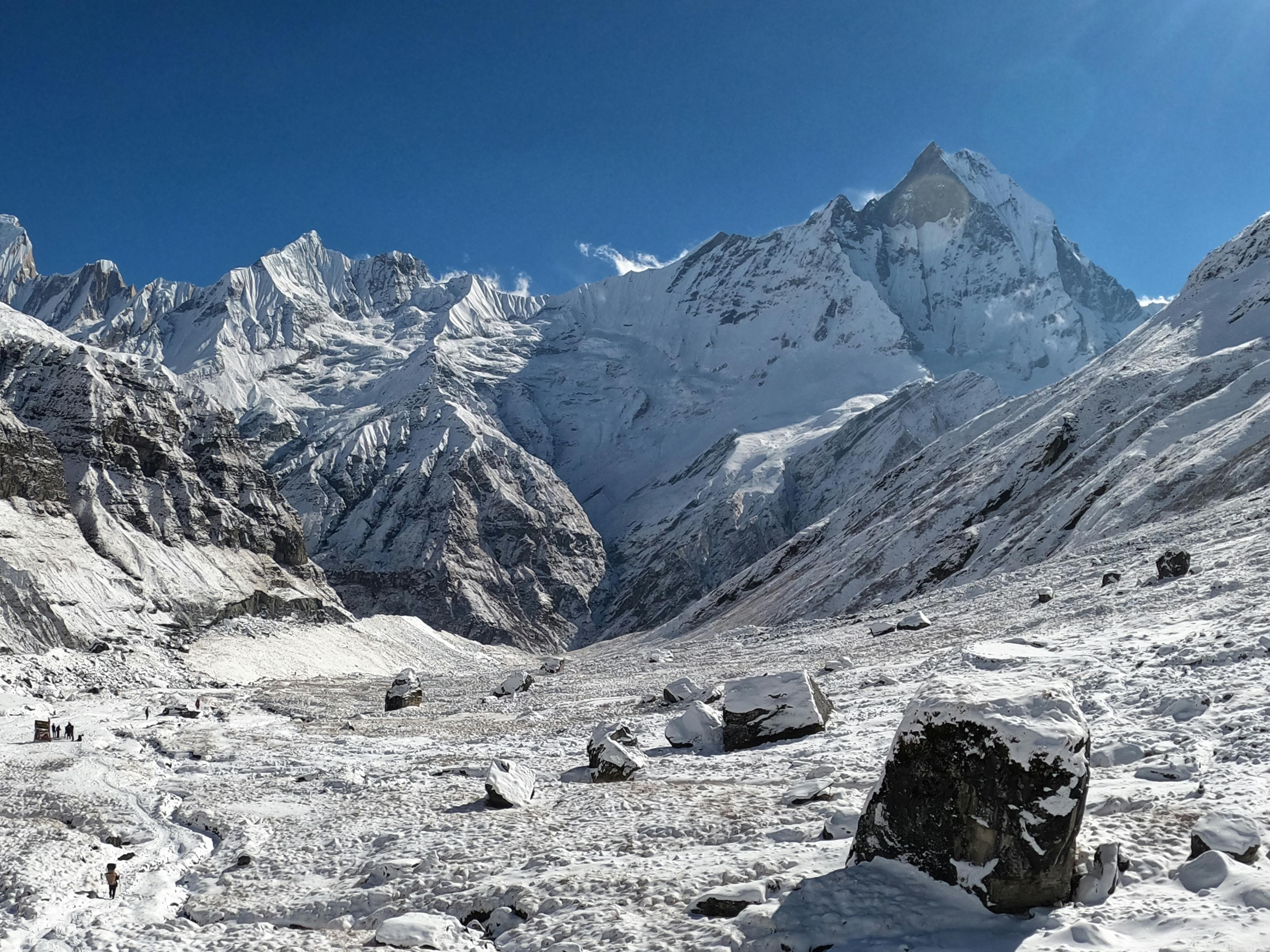 Snow Covered Mountain Near Calm Body Of Water Under Clear Blue Sky ...