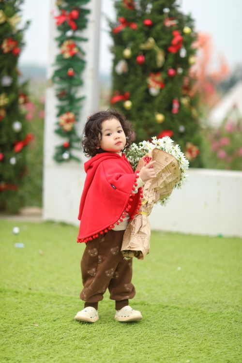 Free A child in red attire holding a flower bouquet in a festive outdoor setting, ideal for holiday scenes. Stock Photo