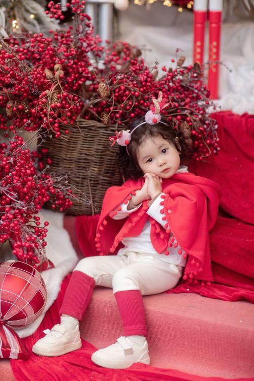 Free Cute child in Christmas attire surrounded by festive decorations and red berries. Stock Photo