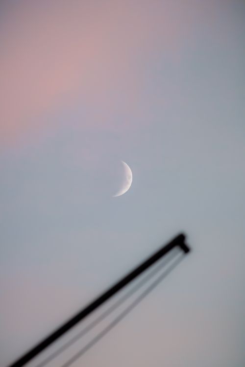 Free Crescent moon and crane silhouette against a soft evening sky in Hamburg, Germany. Stock Photo