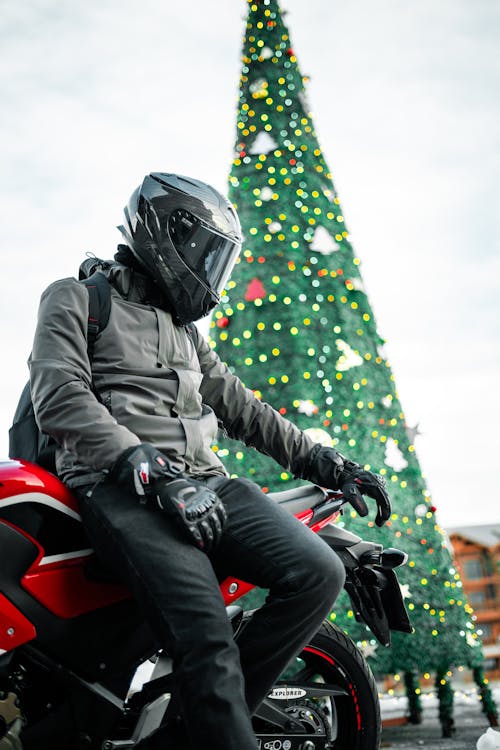 Biker by Christmas Tree
