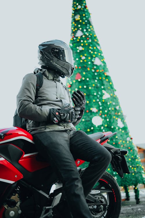 Photo of a Biker and a Christmas Tree 