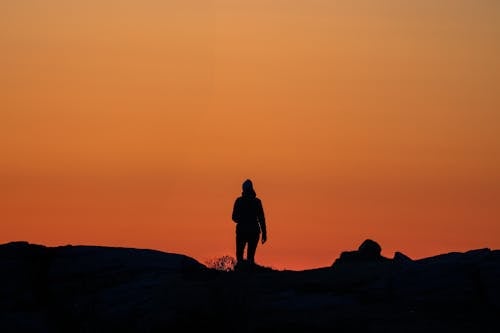 Silhouette of Person Standing under Clear, Yellow Sky