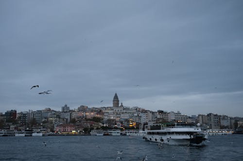 Free Ferry in front of the Galata Tower in Istanbul, Turkey Stock Photo