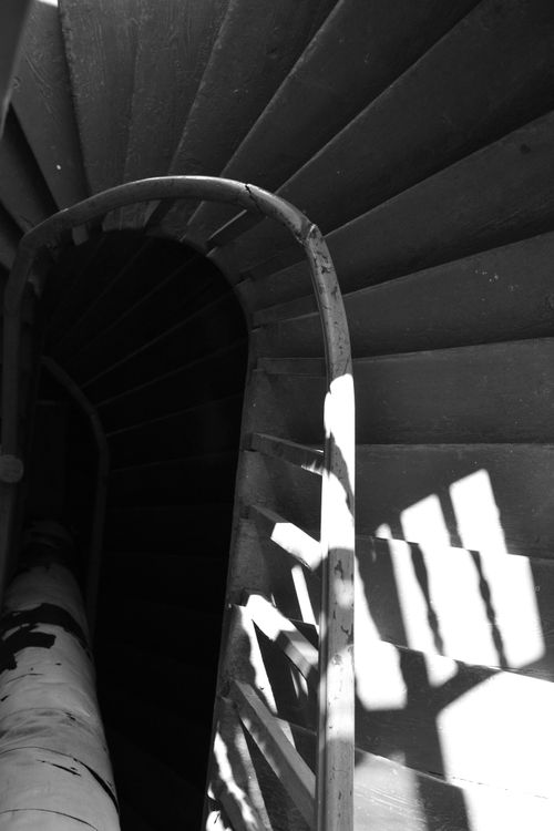 Free Black and white photo of a spiral staircase viewed from above, showcasing shadows and curves. Stock Photo