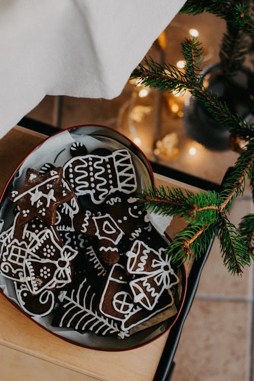 Box of Christmas Gingerbread Cookies Decorated with Icing Drawings