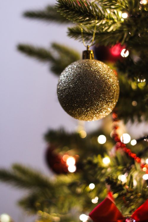 Free Close-up of a gold ornament hanging on a decorated Christmas tree with lights. Stock Photo