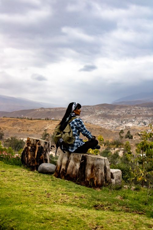 Free A woman sits on a tree trunk overlooking the rural landscapes of Arequipa, Peru. Stock Photo