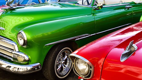 Close-up of a Green and Red Classic American Cars 