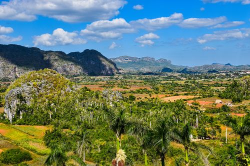 Free Breathtaking view of Vinales Valley with vibrant greenery, mountains, and clear blue skies. Stock Photo