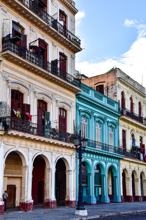 Facades of Colonial Apartment Buildings in Havana, Cuba 