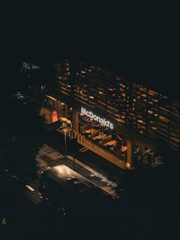 Aerial view of a McDonald's restaurant in São Paulo, Brazil, illuminated at night.