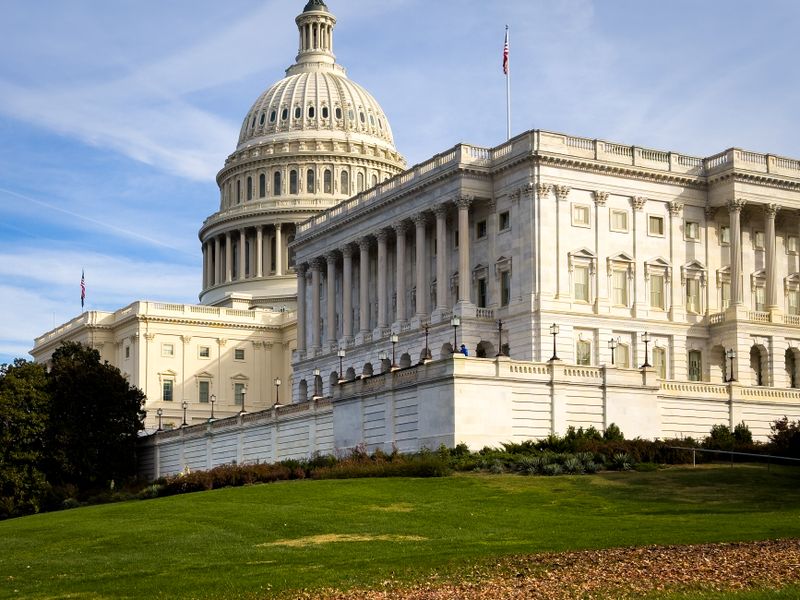 Corner view of the US Capitol building in Washington DC