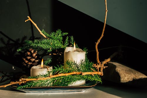 Candles Set on Tray Decorated with Fir Branches