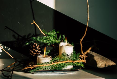 Burning Candles on Tray with Pine Cones and Fir Trees