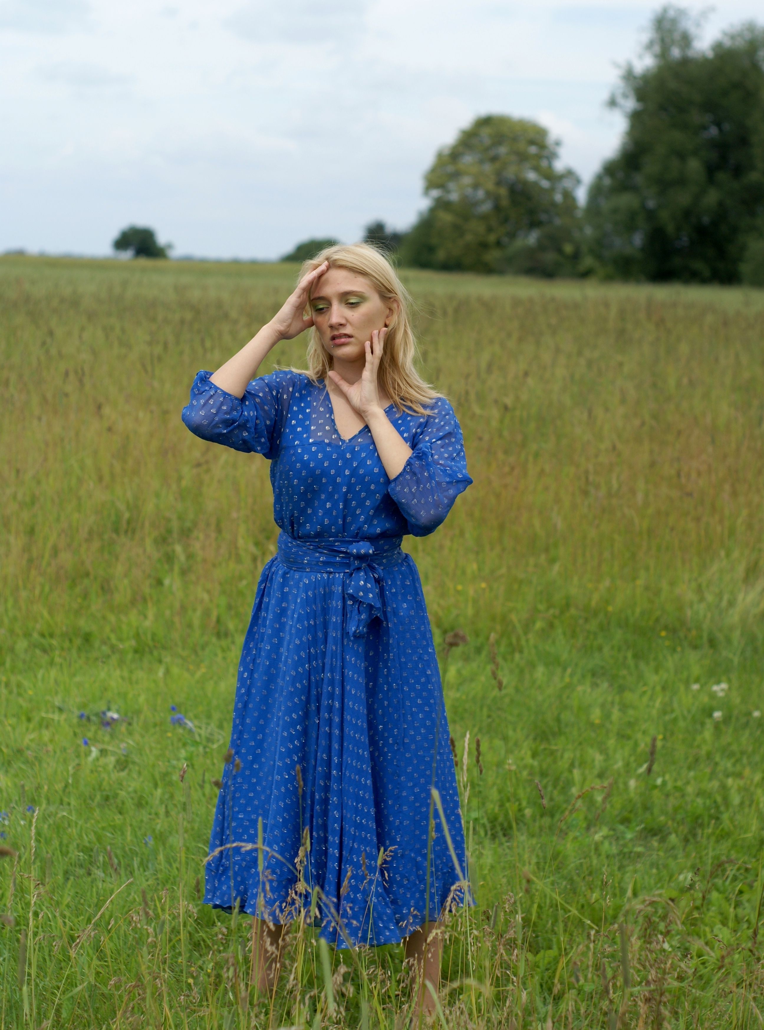 A woman in a blue dress is standing in a field · Free Stock Photo