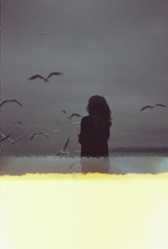 Silhouette of a woman standing at the beach with seagulls in a moody sky.