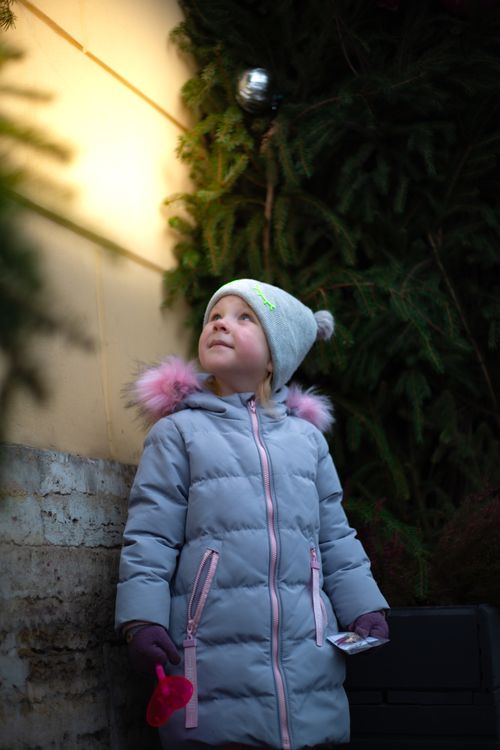 Free A child in a winter coat looks up at festive decorations among evergreens. Stock Photo