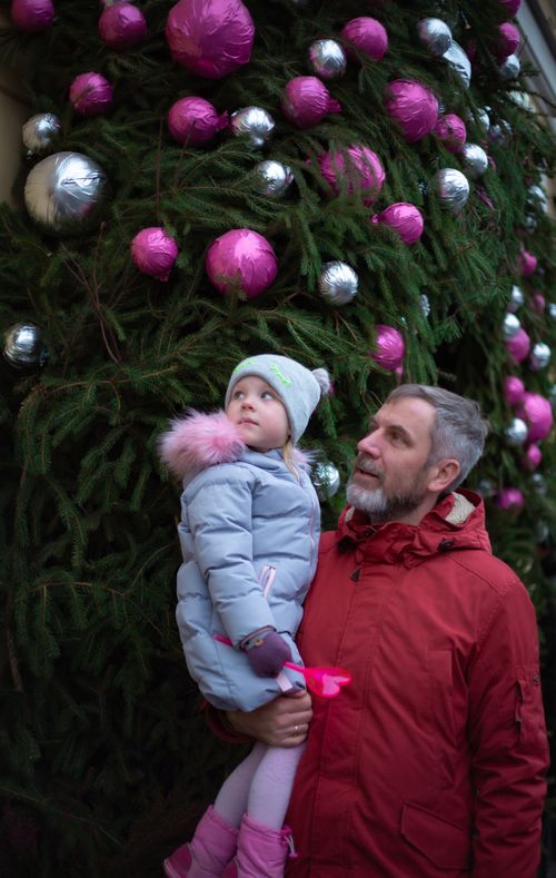 Free Grandfather and granddaughter admire a Christmas tree adorned with silver and pink baubles. Stock Photo
