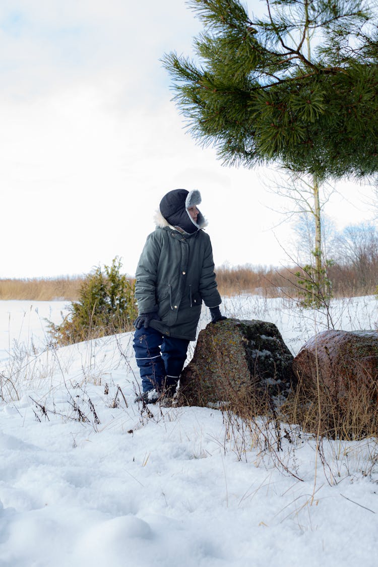 Boy Posing Next To Tree Stumps On A Snow Covered Field 