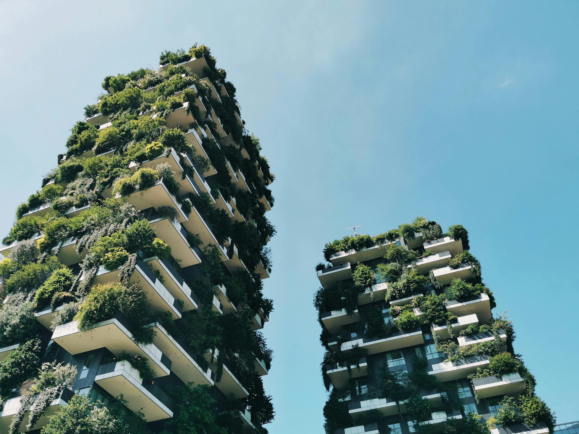 Modern vertical forest architecture at Bosco Verticale in Milan, Italy.