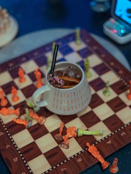 A chessboard with scattered colorful pieces and a beverage-filled mug placed creatively for artistic appeal.