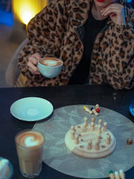 Woman in leopard print holding coffee in a cozy café setting with a game on the table.