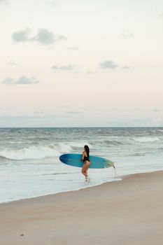 A woman stands on the beach holding a surfboard, gazing at the ocean during sunset.