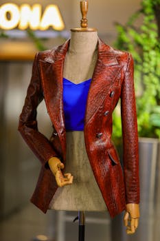 Stylish croc-embossed leather blazer displayed on a mannequin, ideal for fashion editorial use.