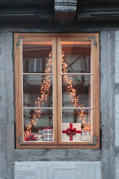 Festive Christmas gifts and lights seen through a quaint wooden window in Quedlinburg, Germany.