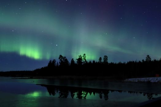 Northern lights reflecting in a calm lake surrounded by trees in Scandinavia.