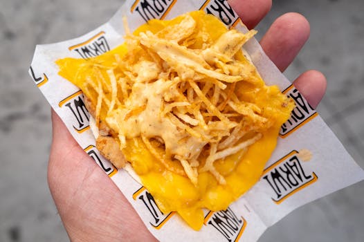 Hand holding a cheesy street food snack with fried toppings, perfect for a quick bite.