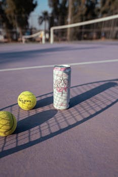 Energy drink can and tennis balls on a sunlit court, perfect for sports promotions.